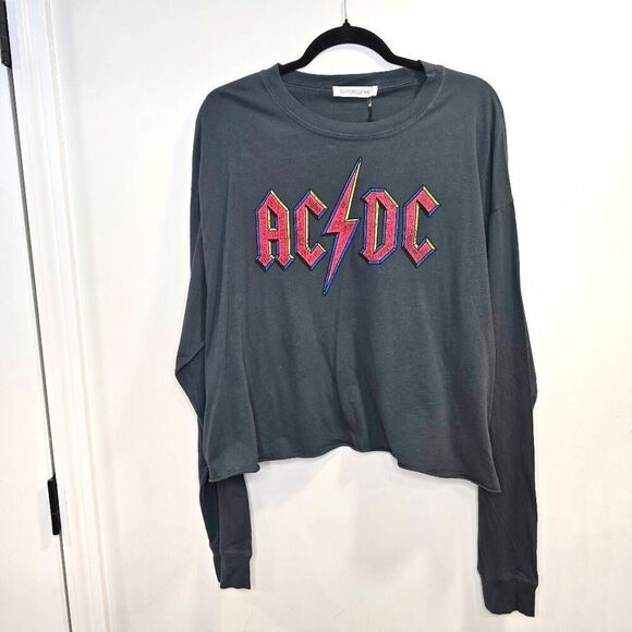 Daydreamer AC/DC Crop Sweatshirt Women's Medium Gray Graphic Print Gorpcore - Picture 1 of 6